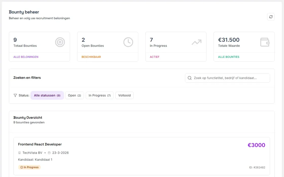 Bounty-overzicht met totale waarde, open en voltooide bounty's